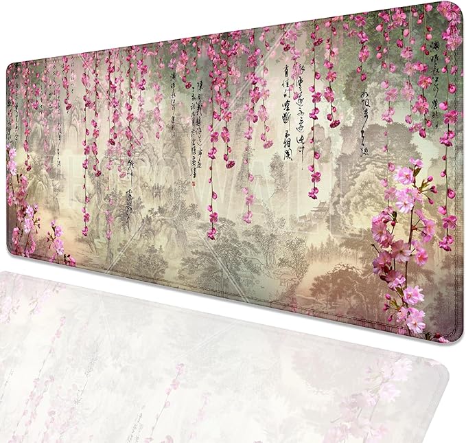 Mountains Flowers and Words Desk Pad Mouse Pad,Large Gaming Chinese Style Mouse Mat with Stitched Edges,Non-Slip Waterproof Rubber Base Mousepad for Office Work Home Desk Mat(27.5X11.8 in)