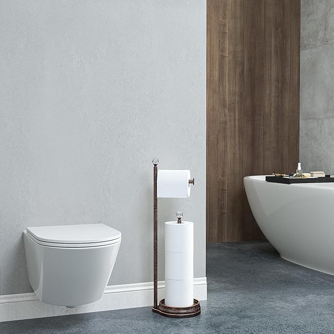 KASUNTO Toilet Paper Holder for Bathroom, Heavy Weighted Metal Free Standing Toilet Paper Holder Stand with Crystal Ball, Toilet Paper Roll Stand for Bathroom Accessories (Oil Rubbed Bronze)