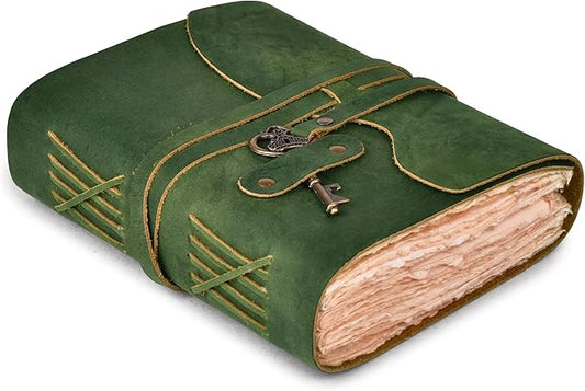 LEATHER VILLAGE Vintage Leather Journal – 200 Handmade Vintage Deckle Edge Paper – Leather bound Journal For Women Men – Vintage Key Closure - Book of Shadows - Green - 8X6 inches (A5)