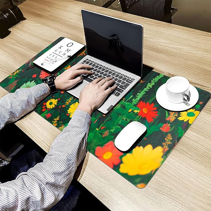 Bloss Green Mouse Pad,Large Floral Plants Desk Pads for Desktop,Cute Black Carton Cat Leather Desk Mat for Keyboard and Mouse,Computer Laptop Desk Protector Mat for Office/Home/Women Gift,31.5"x15.7"