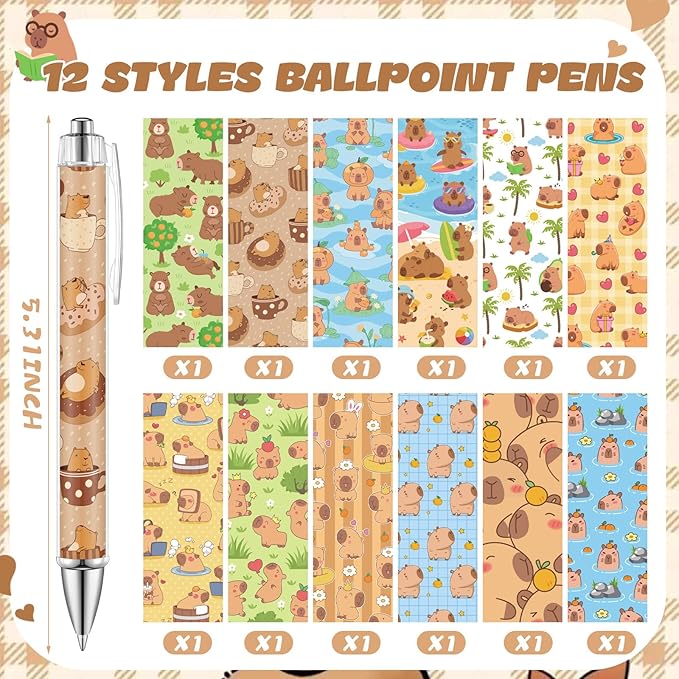 24 Pcs Capybara Sticky Notes with Pens Gifts Self Adhesive Notepad Cute Memo Notes Pads Black Ink Ballpoint Pen for Capybara Lover Gifts Office School Students Teacher Supplies