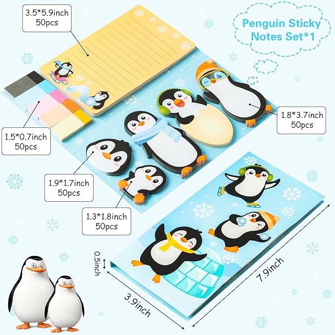 B1ykin Sticky Notes Set - Cartoon Theme Cute Self-Stick Notes Pad Teacher Appreciation Gifts， Self-Adhesive Writing Memo Pages Sticky to Do Notepad for Kids Employee School Office (Penguin)