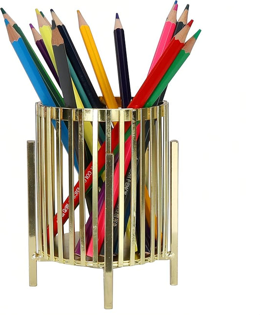 Gold Pen Holder for Desk Cute, Wire Mesh Pencil Cup with Metal Legs, Makeup Brush Holder for Vanity, Gold Desk Accessories Aesthetic