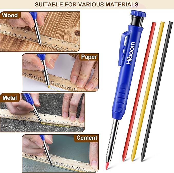 Hiboom 2 Pack Solid Carpenter Pencils with Pencil Cap and 18 Refills, Long Nose Deep Hole Mechanical Pencil Marker, Scribe Tool with Built-in Sharpener for Construction Woodworking Architect (Blue)