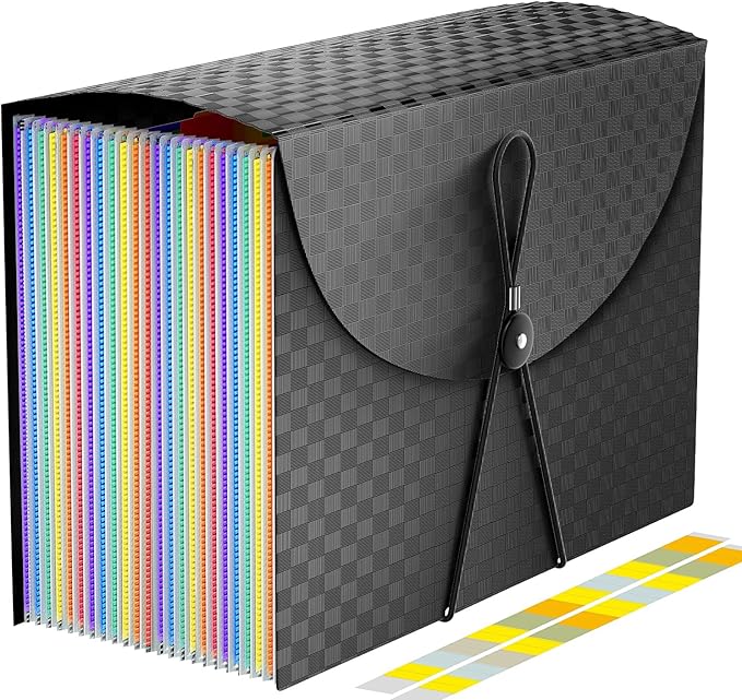 24 Pockets Expanding File Folder,Accordion File Organizer,Document Organizer Letter Size,Expandable Filing Box,Special Designed for Portable Use,Accordian Folders Plastic (Grid Rainbow)