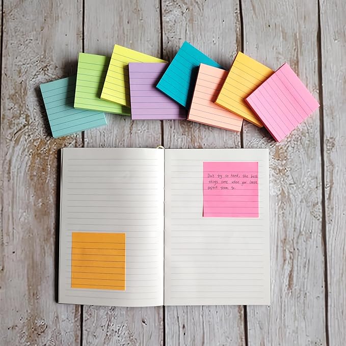 Lined Sticky Notes 3x3 Inches(8 Pads/Total 648 Sheets), 8 Bright Colors Sticky Notes with Lines, Ruled Post Stickies, Colorful Super Sticking Power Memo Pads, for Office, Home