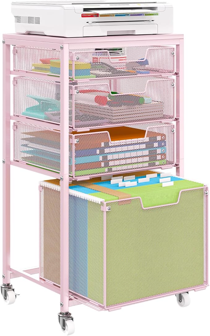 4 Drawer Rolling File Cart Under Desk Storage, File Cabinets for Home Office, Mobile Filing Cabinet, Hanging File Organizer with Wheels, Utility Cart Printer Stand, Pink (Patent Pending)