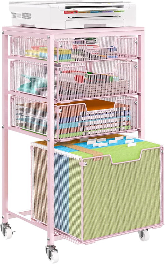 4 Drawer Rolling File Cart Under Desk Storage, File Cabinets for Home Office, Mobile Filing Cabinet, Hanging File Organizer with Wheels, Utility Cart Printer Stand, Pink (Patent Pending)