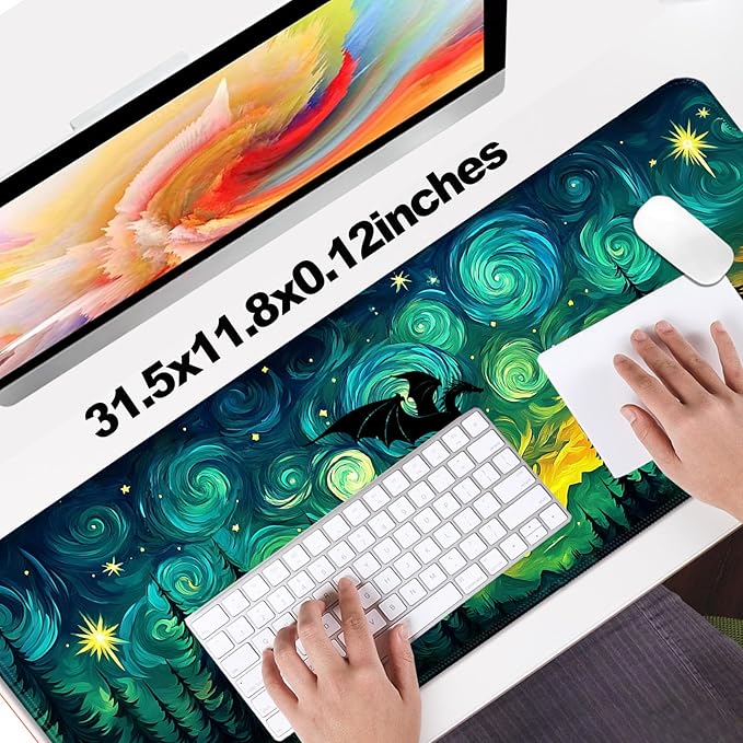 Fantasy Starry Night Forest and Dragon Gaming Desk Mat, Computer Keyboard Large Extended Long Mouse Pad for Office and Home, XL (W05)