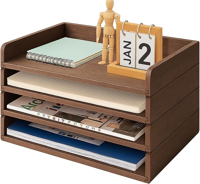 PROLEE Wooden Paper Tray Organizer for Desk,Stackable Paper Holder and Letter Tray,4-Tier Desktop File Storage Rack for Study,Home and Office(Walnut,14" x 9.5" x 2.5")