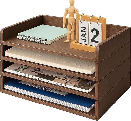 PROLEE Wooden Paper Tray Organizer for Desk,Stackable Paper Holder and Letter Tray,4-Tier Desktop File Storage Rack for Study,Home and Office(Walnut,14" x 9.5" x 2.5")