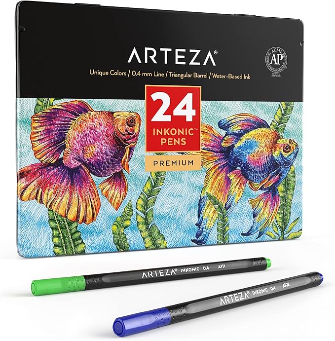 ARTEZA Inkonic Fineliners Pens, Set of 24, 0.4 mm Fine Tip Markers, Water-Based Art Pens for Drawing, Sketching, Journaling, Calligraphy