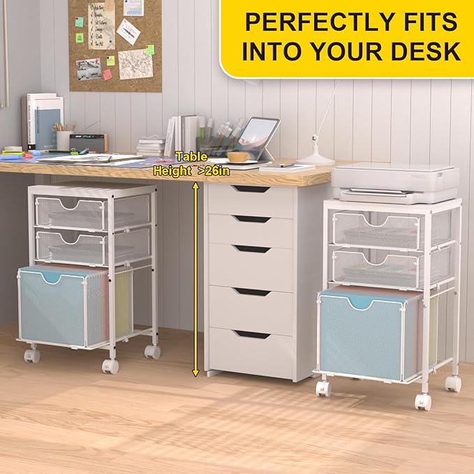 Rolling File Cart with 3 Storage Drawers, Wood & Mesh Hanging File Folder Organizer with Wheels Under Desk, File Cabinets for Home Office, 11.81" D x 14.8" W x 25.39" H, White