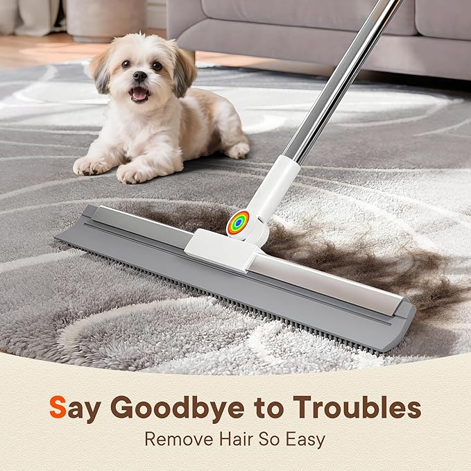 Floor Squeegee for Concrete Floors, 180° Rotating Silicone Broom, Squeegee for Floor with a 62" Handle, Includes 2 Cleaning Cloths, Water and Pet Hair Remover for Bathroom Floors, Tile, Deck and Glass