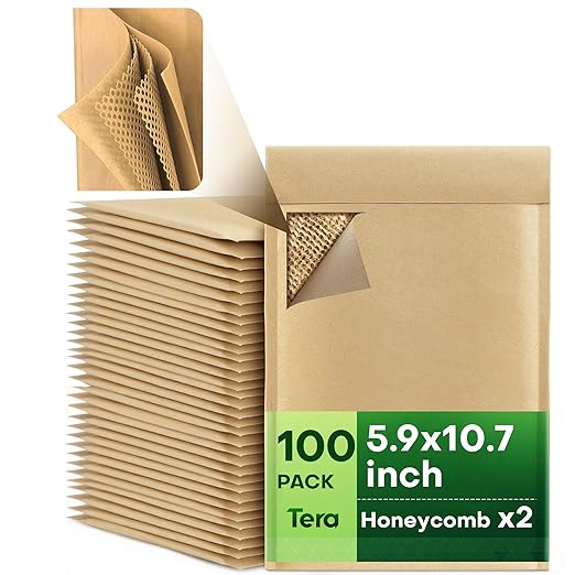 Tera Honeycomb Padded Mailers Envelopes: 5.9 x 10.7 inch 100 pcs 4-Layer Protection Self Seal Biodegradable Recyclable Kraft Paper for Jewelry Makeup Small Business Shipping Bags