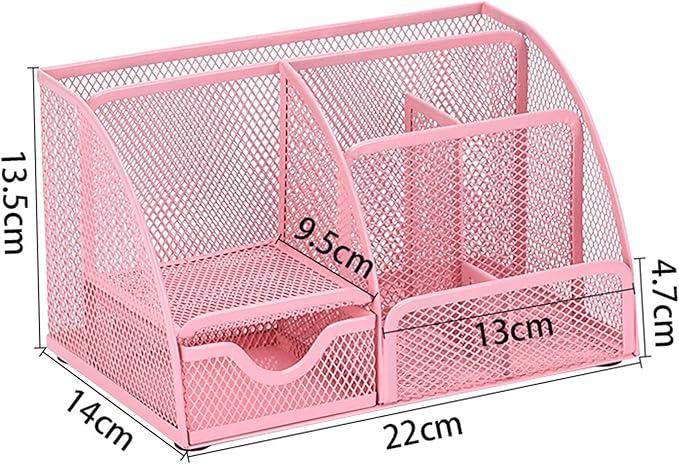 Pink Mesh Pen Holder and Organizer Office Supplies with 7 Compartments, Desktop Organizer with Drawer, Metal Pen Holder for Desk, ‎9.1" x 5.9" x 5.5''
