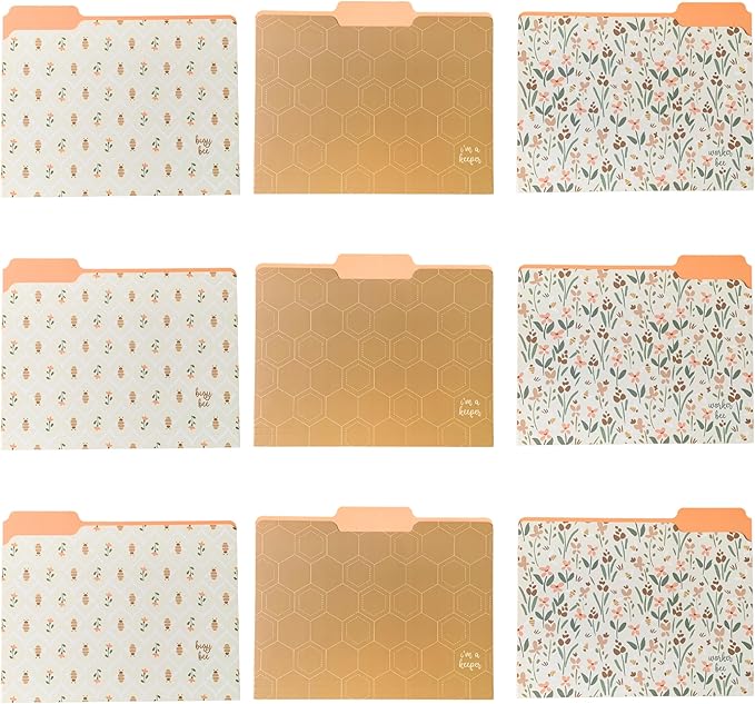Steel Mill & Co Cute File Folders, Set of 9, Document Organizer for Filing Cabinet, Decorative Letter Size Files, Bees