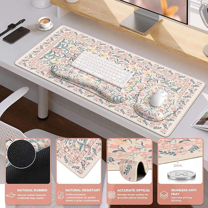 iCasso Desk Pad Mat, Large Mouse Pad and Keyboard Wrist Rest Set, Desk Protector Mat,4in1 Ergonomic Carpal Tunnel Keyboard Pad with Wrist Support for Desktop Cover Home Office Computer(Pink Flowers)