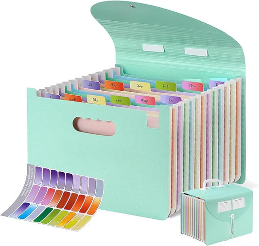 13 Pockets Accordion Filing Organizer,Wheat Straw Expanding File Folder with Handle & Labels,Monthly Paper Bill Receipt Organizer,A4/Letter Size Document Storage for School College Home Office