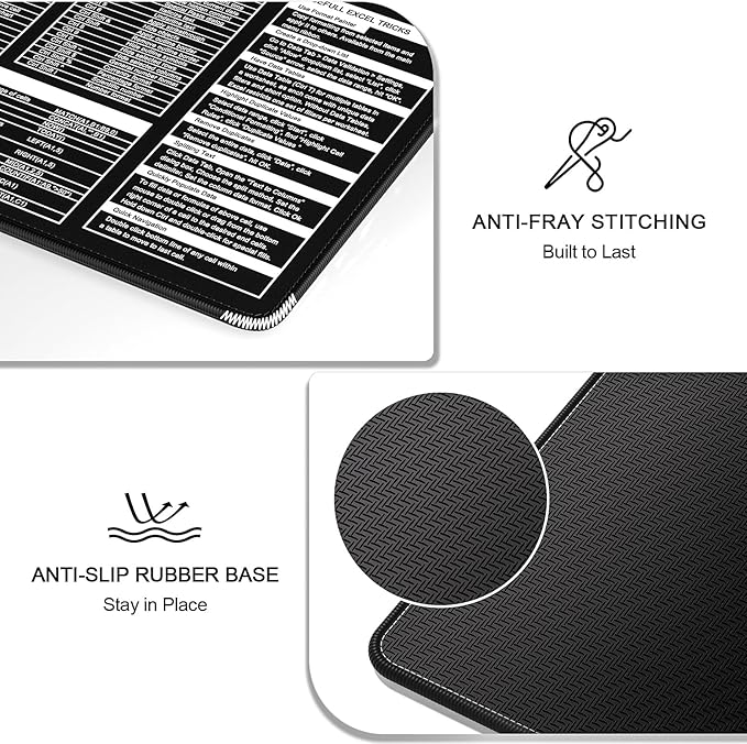 Excel Shortcut Keys Mouse Pad, Large Extended XL XXL Cheat Sheet Gaming Mouse Pad, Office Spreadsheet Desk Mat, Long Big Keyboard Mat, Desk Pad for Desktop, Non-Slip, Stitched, 31.5" x 11.8", Black