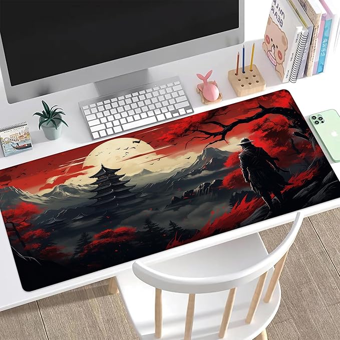 Desk Pad, Japanese Samurai Cherry Blossoms XXL Gaming Mouse Pad with Stitched Edges,Non-Slip Waterproof Rubber Base Large Desk Mat for Keyboard and Mouse 35.4"x15.7"