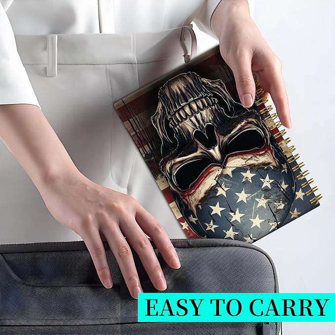 Spiral Notebook Journal for Women Men, A5 Hardcover Journal, 120 Pages Thick Paper, College Ruled Writing Notebook for School, Work & Office 8.3'' × 5.9''(Skull American Flag)