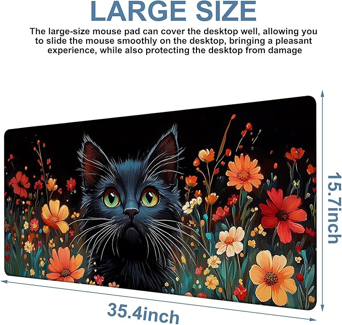 Black Cat and Flowers Gaming Mouse Pad 3mm Thick Stitched Edge Waterproof Non-Slip Large Computer Keyboard Mouse Mat,Suitable for Office Entertainment Decorative Desk Pad 35.4 x 15.7 Inches