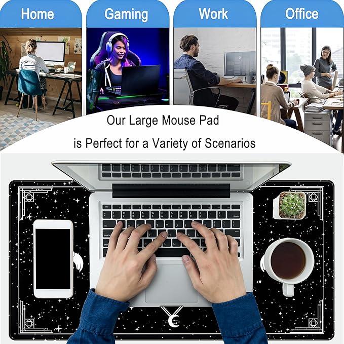 Black Desk Mat Cute Cats Mouse Pad XXL, Funny Gaming Desk Pad, Cute Desktop Mat for Keyboard and Mouse, Extra Large Full Desk Computer Pads, Kawaii Stars Horoscope Desk Decor 31.5" x 15.7"