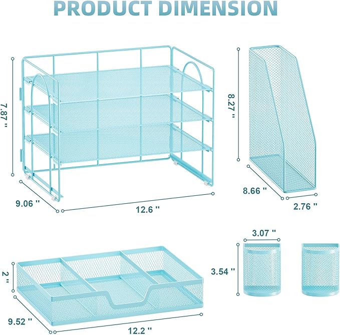 Marbrasse Desk Organizer and Accessories，4-Tier Paper Letter Tray Organizer with File Holder, Desk Accessories & Workspace Organizers with Drawer and 2 Pen Holder (Blue, 15.4" x 9.1" x 8.3")