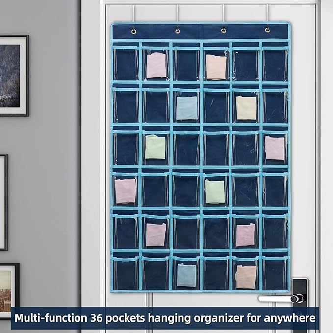36 Clear Pockets Classroom Pocket Chart for Cell Phone and Calculator Holder, Door Hanging Pocket Chart for Classroom Phone Holder with Number Sticker and Hooks (Blue)