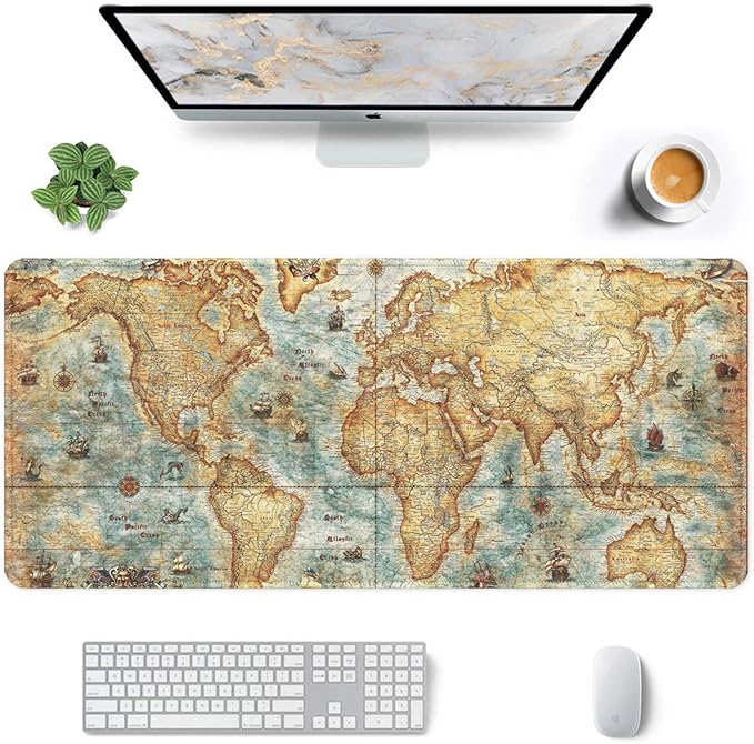 Auhoahsil Large Gaming Mouse Pad, Vintage Map Theme XXL 35.4 x 15.7 in Desk Pad Stitched Non-Slip Rubber Long Computer Mousepad Thin Extended Full Size Desk Mat for Desktop, Laptop, Wireless Mice