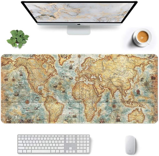 Auhoahsil Large Gaming Mouse Pad, Vintage Map Theme XXL 35.4 x 15.7 in Desk Pad Stitched Non-Slip Rubber Long Computer Mousepad Thin Extended Full Size Desk Mat for Desktop, Laptop, Wireless Mice