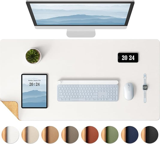 Aothia Dual-Sided Desk Mat - Leather & Cork Desk Protector, Large Mouse Pad & Writing Pad, Waterproof, Off-White (35.4" x 15.7")