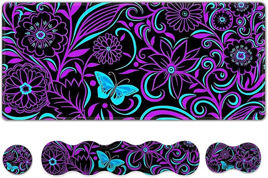 ARTSO Purple Desk Mat, Large Gaming Mouse Pad with Wrist Rest, Flower Butterfly XXL Mousepad+Keyboard Wrist Rest+Mouse Pad Wrist Support+Coaster Set for Home Office Accessories