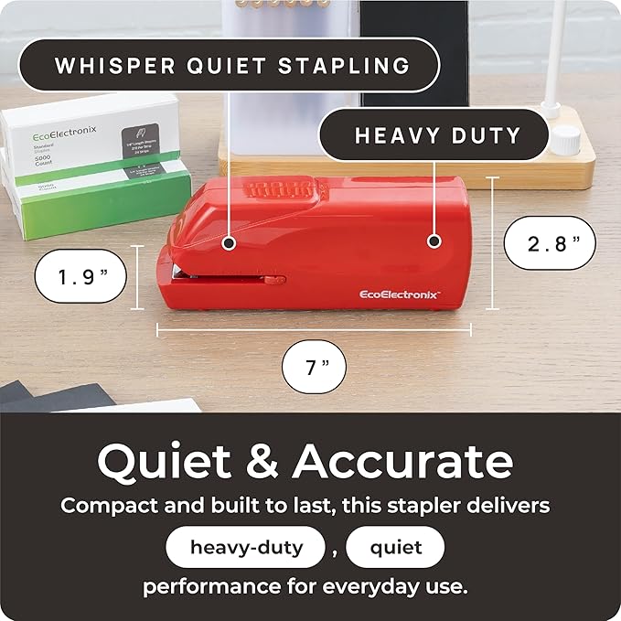 Portable Automatic Electric Stapler - 30 Sheet Capacity, Quiet Operation, Jam-Free and Easy Reload - AC Adapter/Battery Powered (Red)