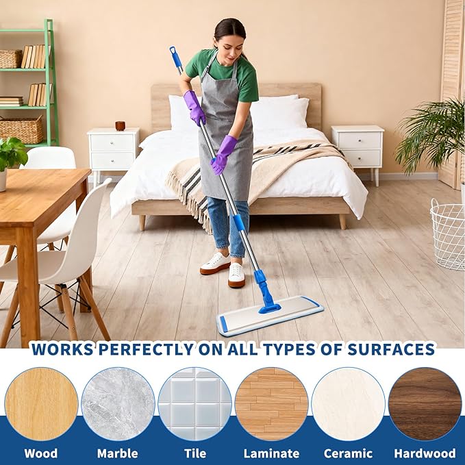 18" Professional Microfiber Mop Floor Cleaning, Flat Mop with Stainless Steel Handle,360-Spin Head with 2 Reusable Washable Pads, Microfiber Wet and Dust Mopping for Hardwood and Tile,Blue