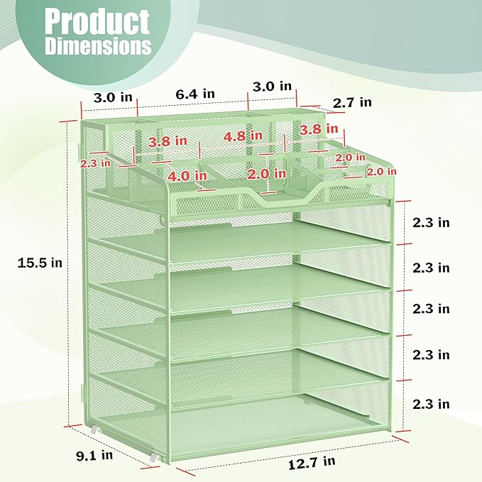 Docnest 6 Tier Mesh Desk Organizer for Paper Office Supplies – Multi-Functional Letter Tray with 5 Adjustable Compartments, 3 Pen Holders, Desktop Storage for Files, Mail, Stationery – Green