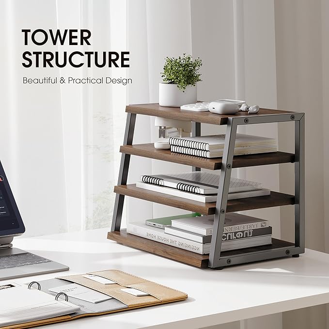 Fenge Desk Shelf Organizer, 4 Tier Desktop Shelf, Wood and Metal Office Shelves, Corner File Organizer for Office Supplies, Top of Desk Organizers and Accessories