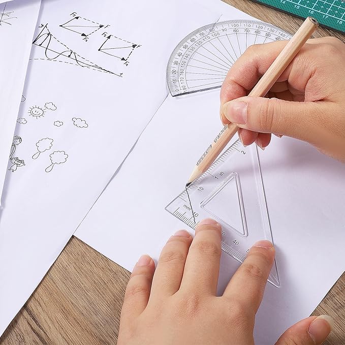 1 Set Plastic Clear Ruler Math Set, Includes 6" | 12" Long Straight Ruler, Triangles, Protractor Geometry Math Transparent Rulers for School Office Home Office Drawings (Transparent)