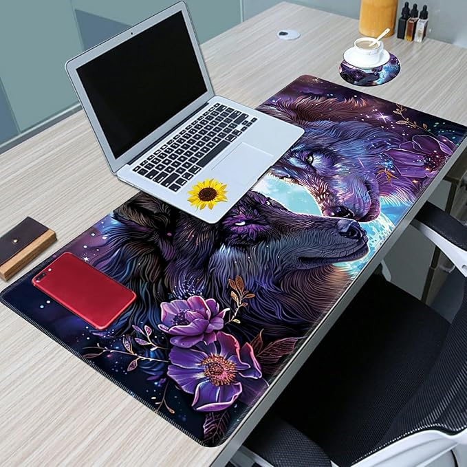 Desk Mat Large Gaming Mouse Pad (31.5x11.8 inch) with Stitched Edges, XL Mouse Pad +Coaster, Extended Mouse Mat Keybroad Mousepad Non-Slip Rubber for Gamer Men Women, Purple Magic Wolfs