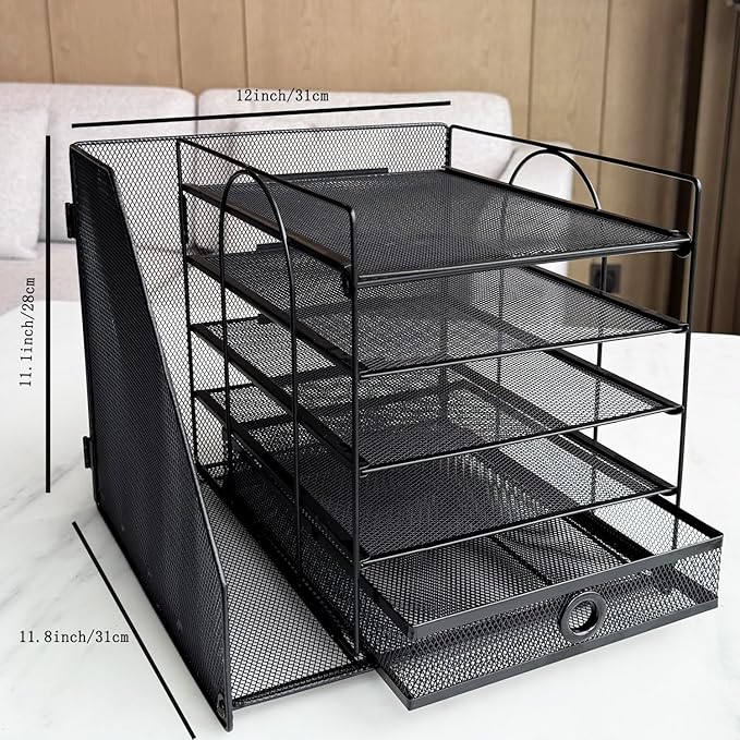 5-Tier Paper Letter Organizer with File Holder, Desk Organizer with Drawer, Mesh Desktop Storage with Magazine Holder for Office Supplies (Black)