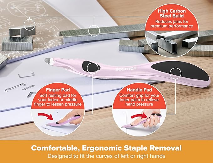 Bostitch Titan Heavy Duty Metal Stapler, 50 Sheet Capacity with 1250 Staples and Ergonomic Staple Remover, Jam Free Stapling, Full Strip Stapler for Desk, Office and Classroom, Pink & White