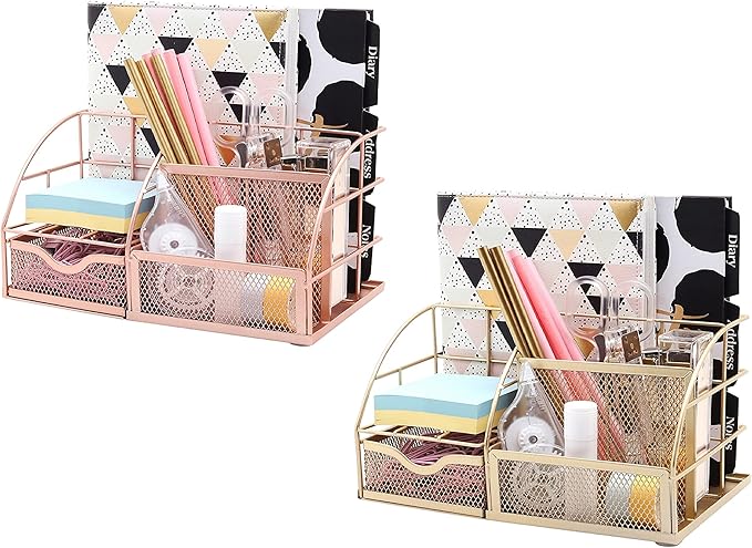 Exerz Desk Organizer Golden Office Desk Accessories Supplies Office Storage Desktop Pencil Pen Holder with Drawer Home Workspace