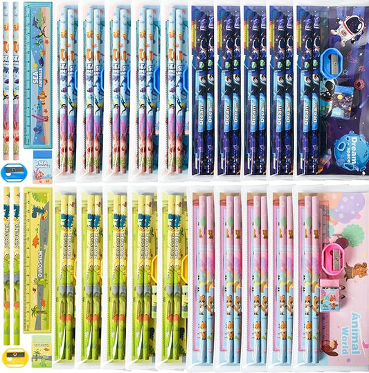 24 Sets Back to School Gifts Cute Stationery Set Back to School Supplies First Day of School Bithday Gifts Including Pencils Eraser Ruler Sharpeners for Classroom Rewards