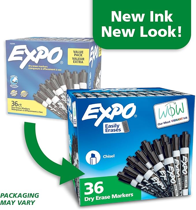 EXPO Dry Erase Markers Chisel Tip Black Low-Odor Perfect for Whiteboards Non-Porous Surfaces & Home Offices (Pack of 1 36 Count Total)