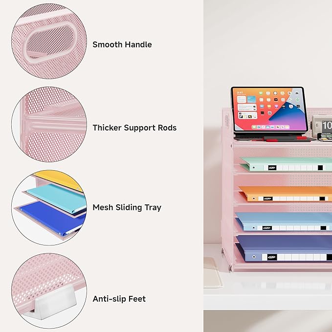 5 Tier Paper Organizer with Handle, Metal Mesh Desk Organizer File Folder Paper Letter Tray Desktop Document Sorter for Classroom, School, Office Accessories Organization and Storage - Pink