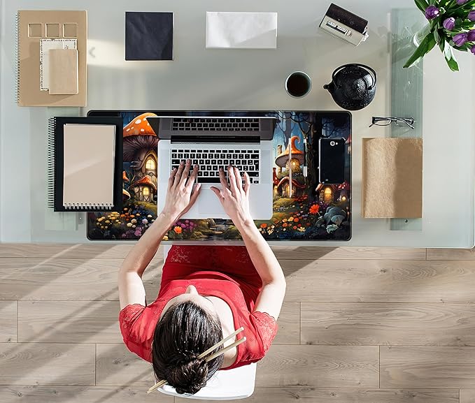 Cute Anime Mushroom Desk Pad Floral Desk Mat, XXL Large Extended Mousepad Gaming Mouse Pad Computer Mat with Stitched Edges, Fantasy Office Decor Laptop Keyboard and Mouse Mat, 31.5x15.75 in