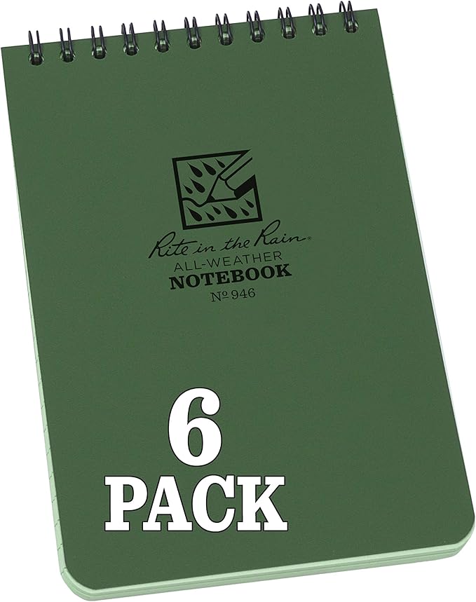 Rite in the Rain Weatherproof Top Spiral Notebook, 4" x 6", Green Cover, Universal Pattern, 6 Pack (No. 946L6)