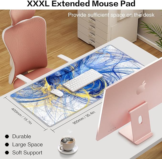 Gaming Mouse Pad Blue, Large Mouse Pad XXL 35.4×15.7in, Extended Computer Keyboard Mouse Mat Desk Pad for Laptop with Stitched Edges, Waterproof Mousepad for Gamer Home&Office Women