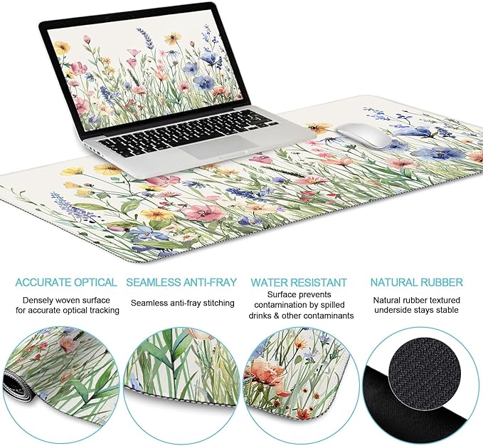 Flower Mouse Pad Set Large Desk Matt for Desktop, Ergonomic Mouse Pad with Wrist Rest, Gaming Wrist Support Keyboard Mat Cup Coaster Set Cute Office Desk Decor Accessories